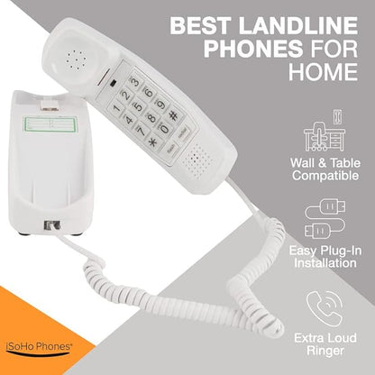 iSoHo Phones -Hearing Device-Friendly Phone –Gentle on Aching Hands, Easy-to-Press Buttons, Wall-Mountable, Custom Ringtone/Volume, Adjustable Ringer & Call Waiting with Lighted Keypad, Choctaw White