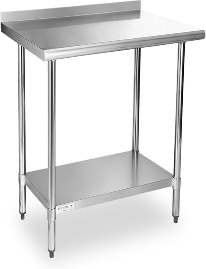 STABLEINK NSF Stainless Steel Table, 24 x 30 Inches Metal Prep & Work Table with Backsplash, Adjustable Undershelf and Table Foot, for Commercial Kitchen, Restaurant (Without Caster Wheels)