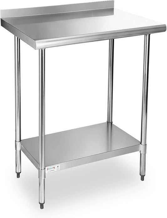 STABLEINK NSF Stainless Steel Table, 24 x 30 Inches Metal Prep & Work Table with Backsplash, Adjustable Undershelf and Table Foot, for Commercial Kitchen, Restaurant (Without Caster Wheels)