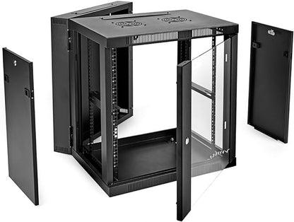 NavePoint Server Cabinet with Hinged Back - 17.7' Deep, 12U Rack Enclosure with Locking Glass Door, Wall Mount Rack with Removable Side Panels, Network Cabinet with 2 Fans, Assembled