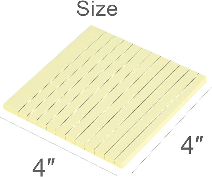 Vanpad Lined Sticky Notes 4x4 Inches, Light Yellow Ruled Self-Stick Pads, Easy to Post for Home, Office, Notebook, 8 Pads/Pack