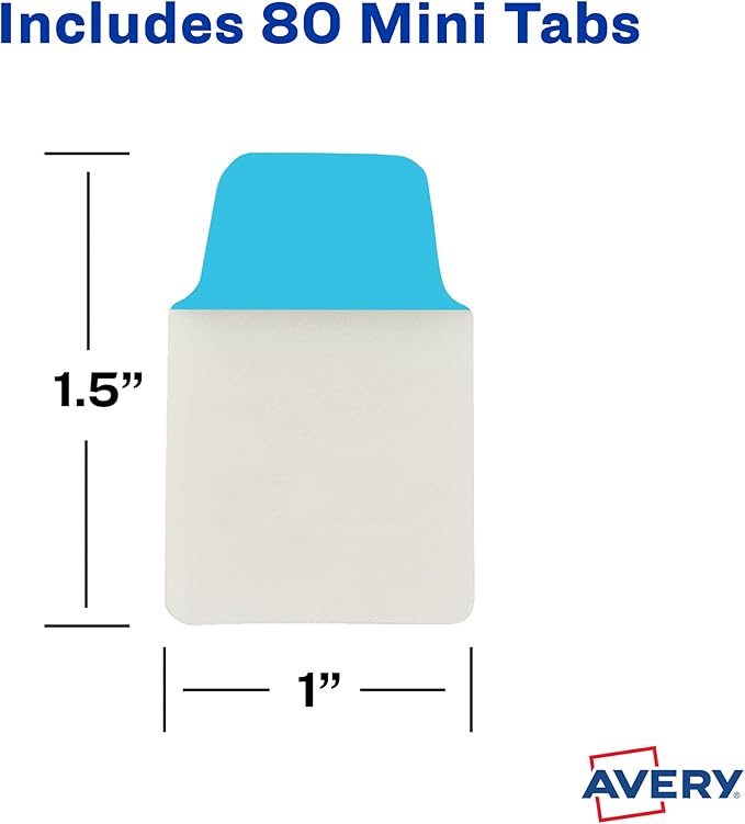 Avery Mini Ultra Tabs, 1" x 1.5", 2-Side Writable, Assorted Primary Colors, 80 Repositionable Tabs (74763)