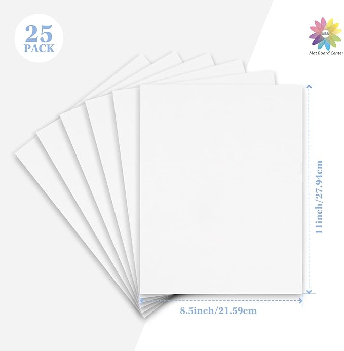 Mat Board Center, 25 pack 8.5x11 Corrugated Cardboard sheet, 1/8 inch thick, Flat Cardboard Inserts for Mailing, Packaging & Shipping, Cardboard Backing, Craft Card Board (White on one side)