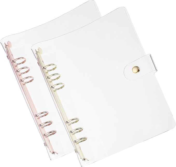 PATIKIL A5 Clear Binder Cover, 2Pcs Soft PVC Loose Leaf Binder Protector Refillable Notebook Shell with Snap Button Closure 6 Ring for DIY Meeting Notebook Folder,Gold Tone and Silver Tone