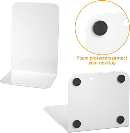 VFINE Bookends 1 Pair, White Metal Book Ends, Bookends for Shelves, Book Stopper for Heavy Books, Book Dividers for Home Office