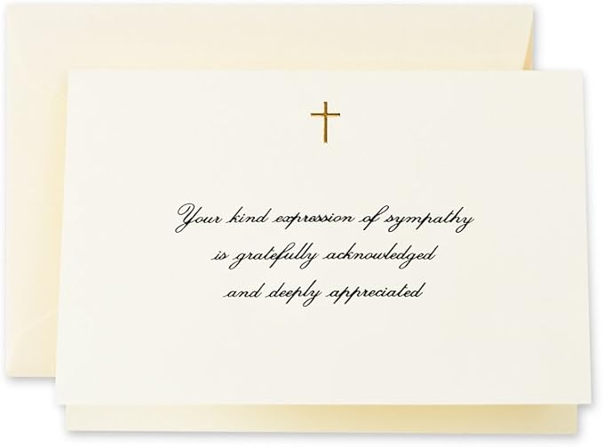 Crane & Co. Hand Engraved Gold Cross Sympathy Acknowledgement Note (CF1445), Ecruwhite, Pack of 10