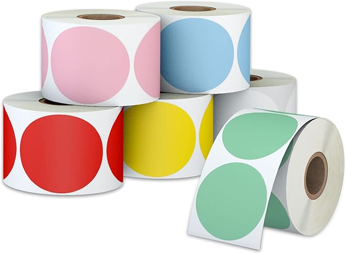 2" Color Circle Direct Thermal Labels, Self-Adhesive Round Direct Thermal Stickers, Multi-Purpose Roll Sticker Labels for DIY Logo Brand Design, QR Code, Name Tag(6 Rolls, 4500 Labels)