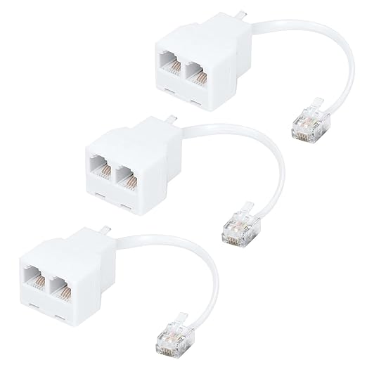 RJ11 Cable 2 Way Telephone Splitter 3 Pack, White, Splitter 6P4C Connector Phone Line Cord Adapter with Cable for Landline Telephone Wire, Suitable for Telephone, Fax Machine