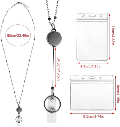 3 Pack Lanyards for Id Badges with 6 Pcs Id Badge Holder Retractable Badge Holders Stainless Steel Teacher Lanyard Cruise Ship Lanyards for Girl Women (Black)