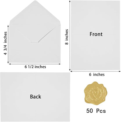 50 Pack White A6 Envelopes with Cards 4x6 Thick Folded Cardstock and Gold Stickers for Greeting Cards, Wedding, Birthday, Invitations, Baby Showers (White, 4x6)