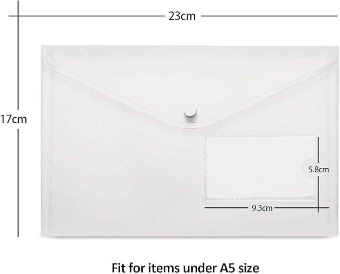 24 Pack A5 Plastic Envelopes - Agoer Clear Plastic Poly Envelope with Button Snap Closure, Clear Plastic Folders for Documents, Plastic File Bag Filing Envelopes for School Work Office Organization