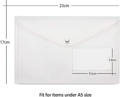 24 Pack A5 Plastic Envelopes - Agoer Clear Plastic Poly Envelope with Button Snap Closure, Clear Plastic Folders for Documents, Plastic File Bag Filing Envelopes for School Work Office Organization