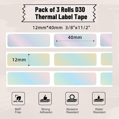 Phomemo D30 Label Tape, for D30 D35 Q30 Q30S Q31 Label Maker, Black on Mermaid Color Sticker Thermal Paper Self-Adhesive Label Maker Tape, 12 x 40mm (3/8" x 11/2") 160 Tapes/Roll, 3-Roll