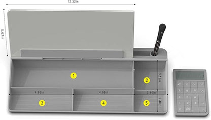 TOWON Desktop Glass Whiteboard with Basic Calculator, 12 Digit LCD Display, Desk Organizers with Accessories for Office, Home, School Supplies, Storage with Dry Erase Board Surface, Gray, 18'' x 6''