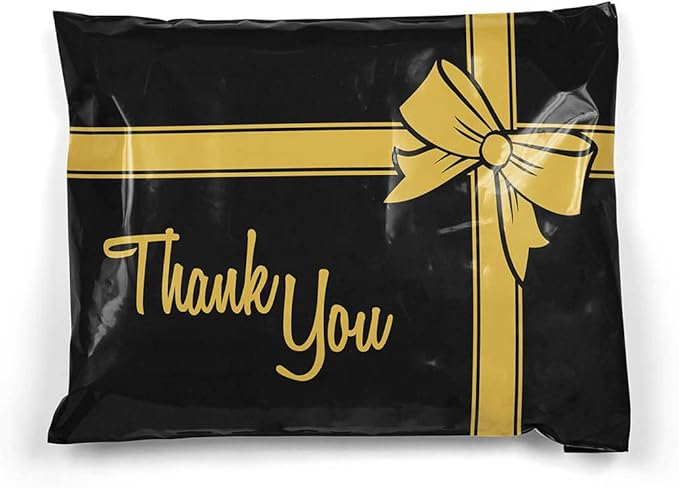 Shop4Mailers 10 x 13 Thank You Christmas Gift with Bow Black and Gold Holiday Poly Bag Mailer Envelopes 2 Mil (100 Pack, Black Gift)