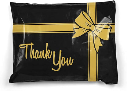 Shop4Mailers 10 x 13 Thank You Christmas Gift with Bow Black and Gold Holiday Poly Bag Mailer Envelopes 2 Mil (100 Pack, Black Gift)