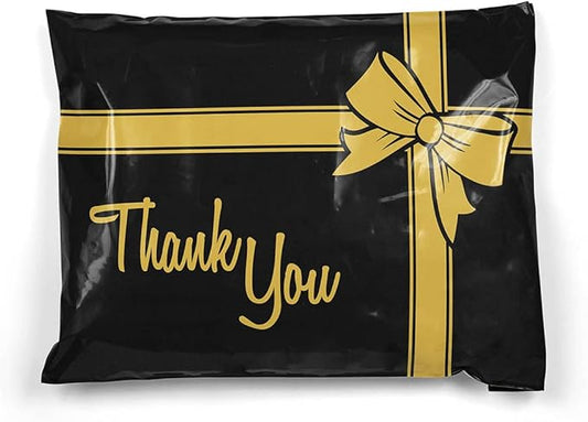 Shop4Mailers 10 x 13 Thank You Christmas Gift with Bow Black and Gold Holiday Poly Bag Mailer Envelopes 2 Mil (100 Pack, Black Gift)
