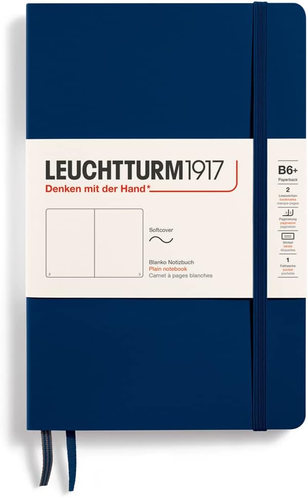 LEUCHTTURM1917 - Notebook Softcover Paperback B6+ - 123 Numbered Pages for Writing and Journaling (Plain, Navy)