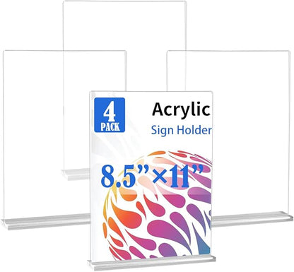 4 Pack Acrylic Sign Holder 8.5 X 11, Vertical T Shape Clear Plastic Sign Holder, Double Sided Clear Display Stand Table Top Sign Paper Holder, Sign Holder Suitable for Office, Store