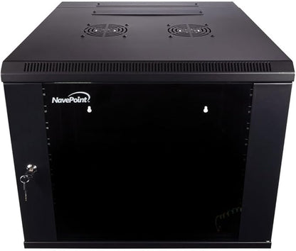 NavePoint 9U Server Cabinet with Hinged Back - 23.6” Deep, 9U Server Rack Enclosure with Locking Glass Door, Wall Mount Rack with Removable Side Panels, 9U Network Cabinet with 2 Fans, Pre-Assembled