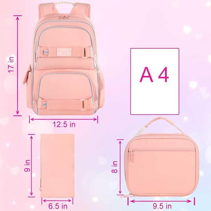 3PCS Laptop Backpack for Girls, 17" Water Resistant School Bag with Lunch Box, Cute Pink Bookbag Set for Women College Teenagers High Middle Elementary School