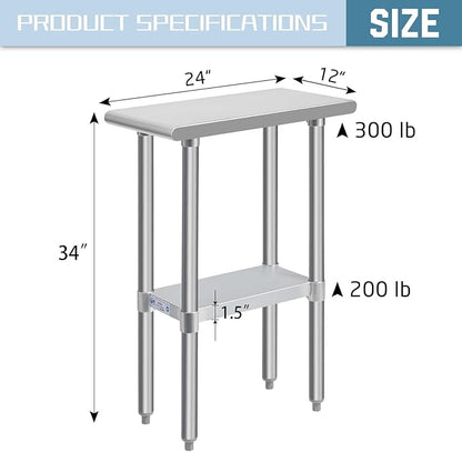 Hally Stainless Steel Table for Prep & Work 24 x 12 Inches, NSF Commercial Heavy Duty Table with Undershelf and Galvanized Legs for Restaurant, Home and Hotel