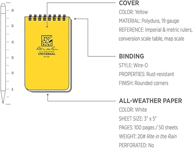 Rite in the Rain Weatherproof Top Spiral Notebook, 3" x 5", Yellow Cover, Universal Pattern, 6 Pack (No. 135L6)