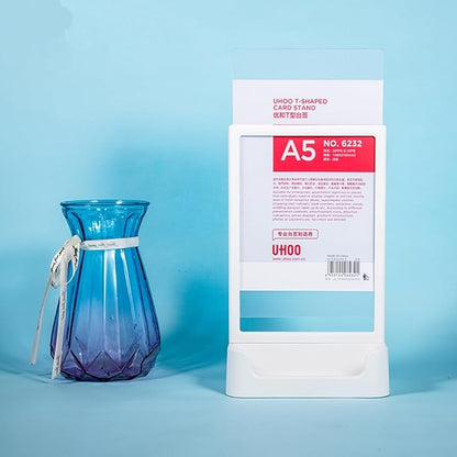 ABS Plastic Sign Holder, Menu Displays T Shape Sign Stand with Business Card Holder, Plastic Display Stand for Ads, Menu, Photos, Business Card (White A5 148×210mm//5.83×8.27 inches)