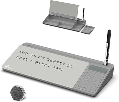 TOWON Desktop Glass Whiteboard with Basic Calculator, 12 Digit LCD Display, Desk Organizers with Accessories for Office, Home, School Supplies, Storage with Dry Erase Board Surface, Gray, 18'' x 6''