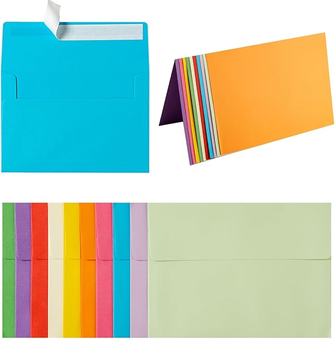 Wishop 50 Pack Self-Adhesive Envelopes with Fold Cards for Wedding Invitations, Greeting Cards, Baby Shower, Letter Mailing (Colorful, 5x7)