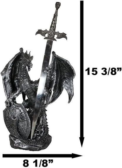 Ebros Gift Legendary Silver Coat of Arms Knight Dragon Holding Heraldry Plague Shield and Druid Sword Letter Opener Figurine Home and Office Decorative Sculpture Medieval Dungeons and Dragons Fantasy
