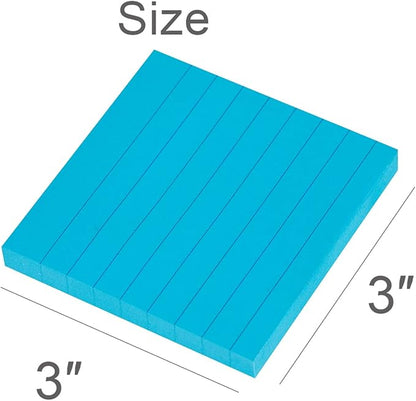 Lined Sticky Notes 3x3 Inches, Bright Blue Ruled Self-Stick Pads, Easy to Post for Home, Office, Notebook, 8 Pads/Pack