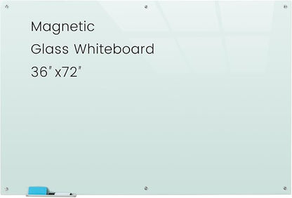 Glass Magnetic White Board - 72 x36 Inches Dry Erase Glass Whiteboard for Wall, Large Wall Mounted Glass Board for School, Office and Home