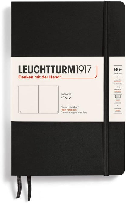 LEUCHTTURM1917 - Notebook Softcover Paperback B6+ - 123 Numbered Pages for Writing and Journaling (Plain, Black)