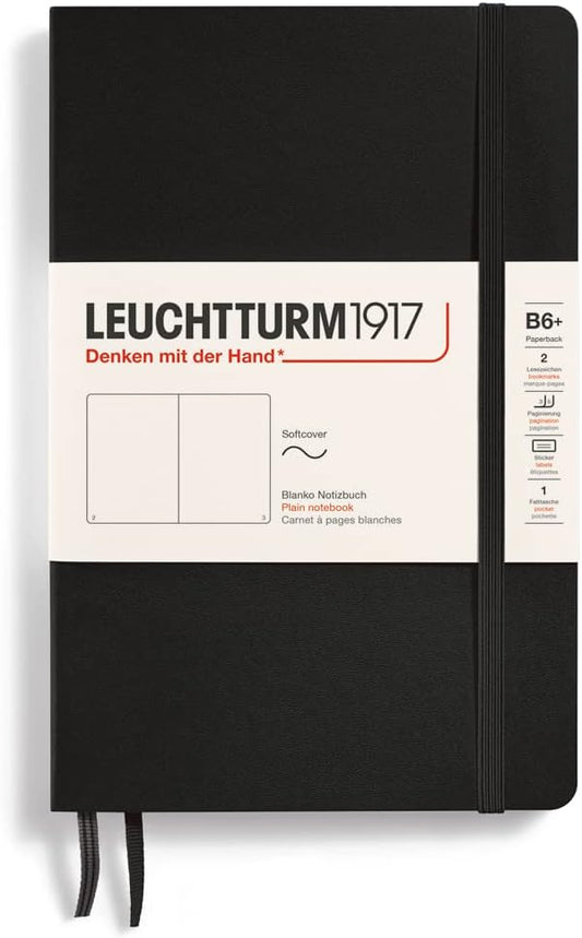 LEUCHTTURM1917 - Notebook Softcover Paperback B6+ - 123 Numbered Pages for Writing and Journaling (Plain, Black)