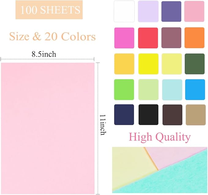 100 Sheets Colored Cardstock 8.5 x 11 Paper Pack,20 Assorted Colors, Double Sided Printed Cardstock Paper, for DIY Arts,Card Making, Scrapbooking,School Decor Supplies -65 lb