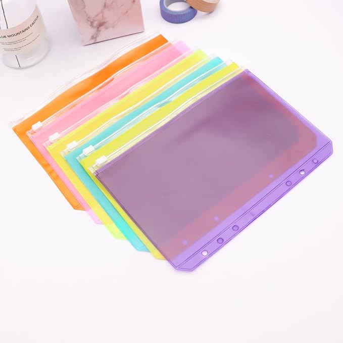 Colorful PVC Binder Pockets 12pcs A5 Binders Zipper Pouch Bag Loose Leaf 6 Holes PVC Zip Organizer Folder for Journal Budget Filing Pocket Bags