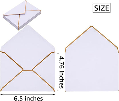 50 Pack White A6 Envelopes 4x6 Self-Adhesive V Flap Envelopes with Gold Border for Office, Greeting Card, Wedding, Graduation, Baby Shower, Parties, Invitations (White, 4x6)