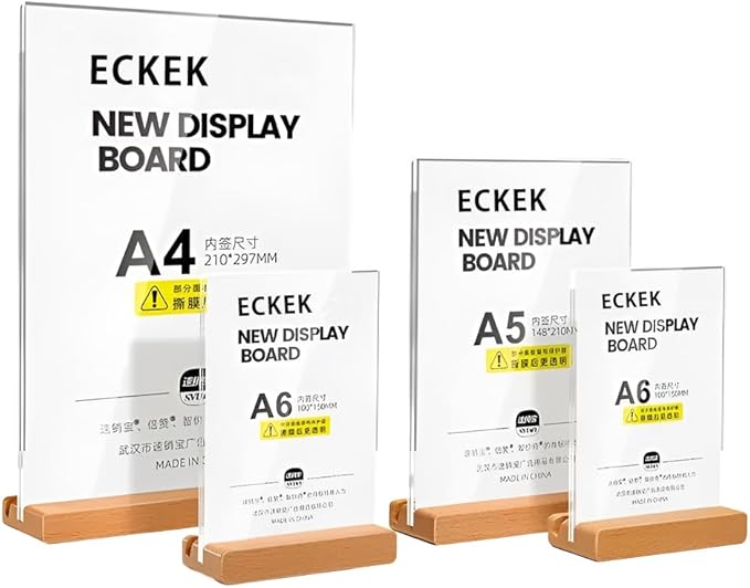 Acrylic Sign Holder A4/A5/A6 Menu Displays Double Sided, Wood Base Table Top Sign Stand (Vertical A6 105×148mm/4.13×5.83 inches)