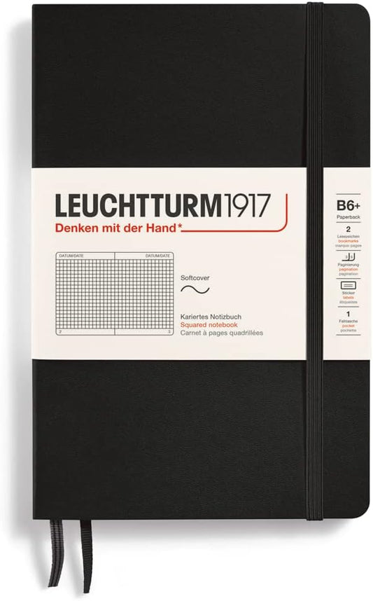 LEUCHTTURM1917 - Notebook Softcover Paperback B6+ - 123 Numbered Pages for Writing and Journaling (Squared, Black)