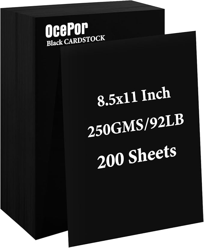 200 Sheets Black Cardstock 8.5” x 11”, 92lb/250gsm Black Card Stock, Thick Card Stock Paper, Heavy Cardstock Paper for Printer, Resume, Scrapbooks, Art, Crafts, Business Cards