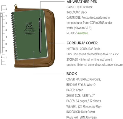 Rite in the Rain Weatherproof Side Spiral Kit: Tan CORDURA® Fabric Cover, 4.625" x 7" Green Notebook, and Weatherproof Pen (No. 973-KIT)
