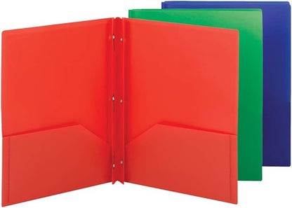 Smead Poly Two-Pocket Folder, Three-Hole Punch Prong Fasteners, Letter Size, Assorted Colors, 3 per Pack (87737)