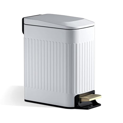 Small Bathroom Trash Can with Lid Soft Close-6L/1.6 Gal Slim Step Garbage Can-Metal Pedal Wastebasket-Narrow Rectangle Garbage Container Bin for Corner Office, Bedroom, Toilet, Live Room-White