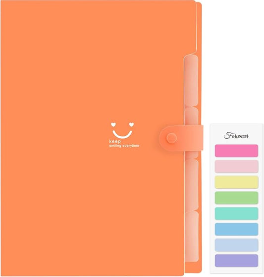 Forvencer Accordion File Organizer, Letter Size, 5 Pocket Expanding File Folder, Cute File Folder with Labels, Portable File Organizer for School Office Supplies, Folders for Documents, Orange