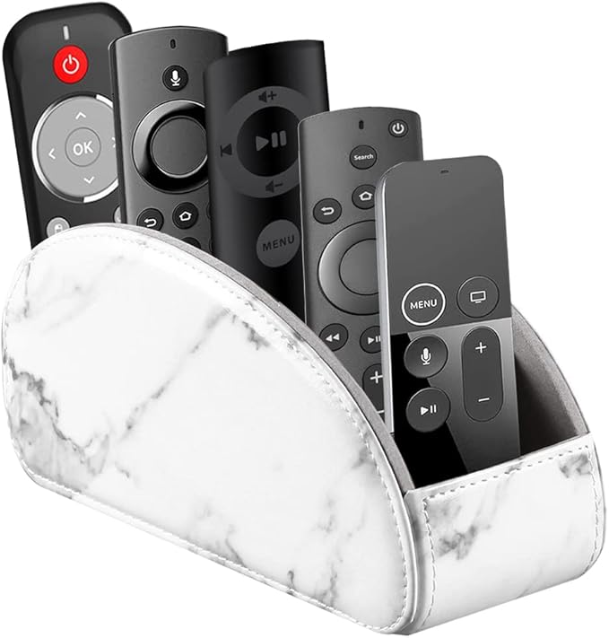 All-in-One Leather White TV Remote Holder for Remote Conrtols with 5 Compartments Nightstand Desktop Media Player Remote Caddy Storage Box Organizer Tray for Mobile Office Stationery Phone Controller