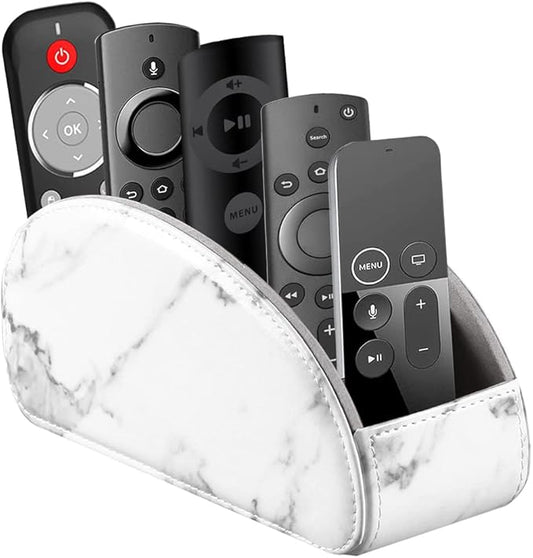All-in-One Leather White TV Remote Holder for Remote Conrtols with 5 Compartments Nightstand Desktop Media Player Remote Caddy Storage Box Organizer Tray for Mobile Office Stationery Phone Controller