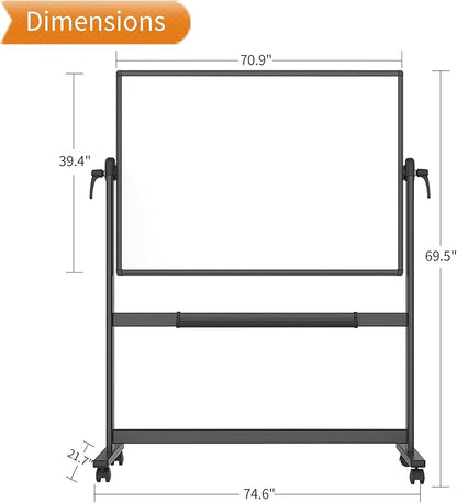 VIZ-PRO Double-Sided Magnetic Mobile Whiteboard, 72 x 40 Inches, Black Aluminium Frame and Stand