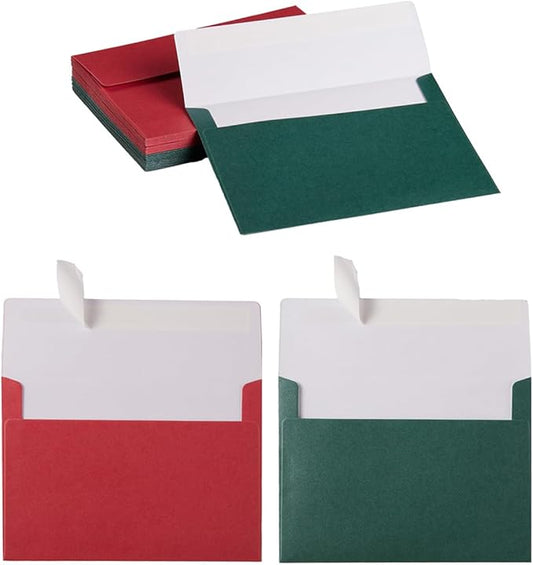 50 Pieces Christmas Metallic Color Self Seal Envelopes for Greeting Cards, Invitations, Postcards (Christmas Green/Red, 4x6)
