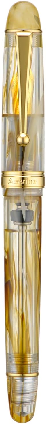Asvine V126 Vacuum Filling Fountain Pen Brown Swirl Transparent Acrylic, Medium Nib Large-Capacity with Gift Case